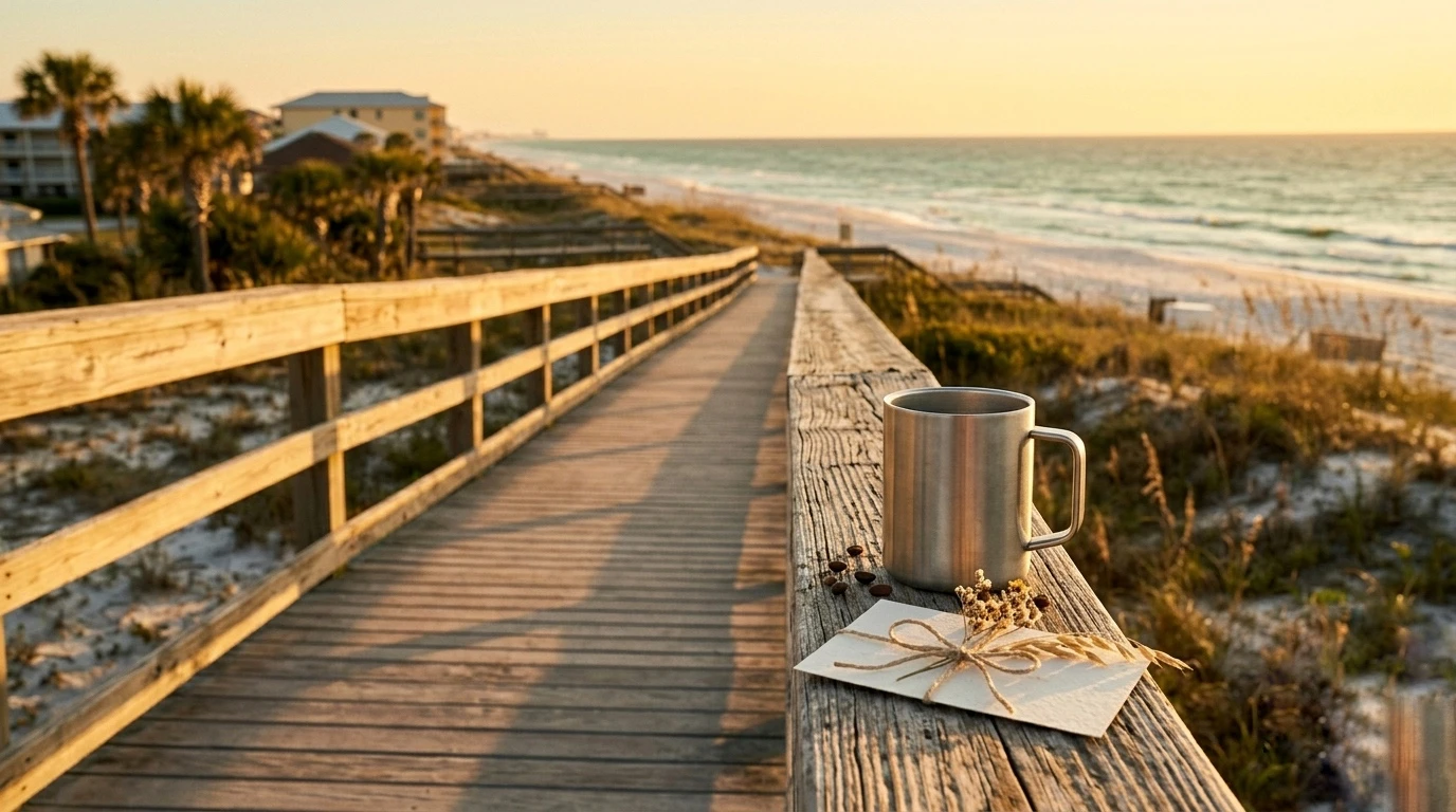 Coffee on a coastal boardwalk at sunrise