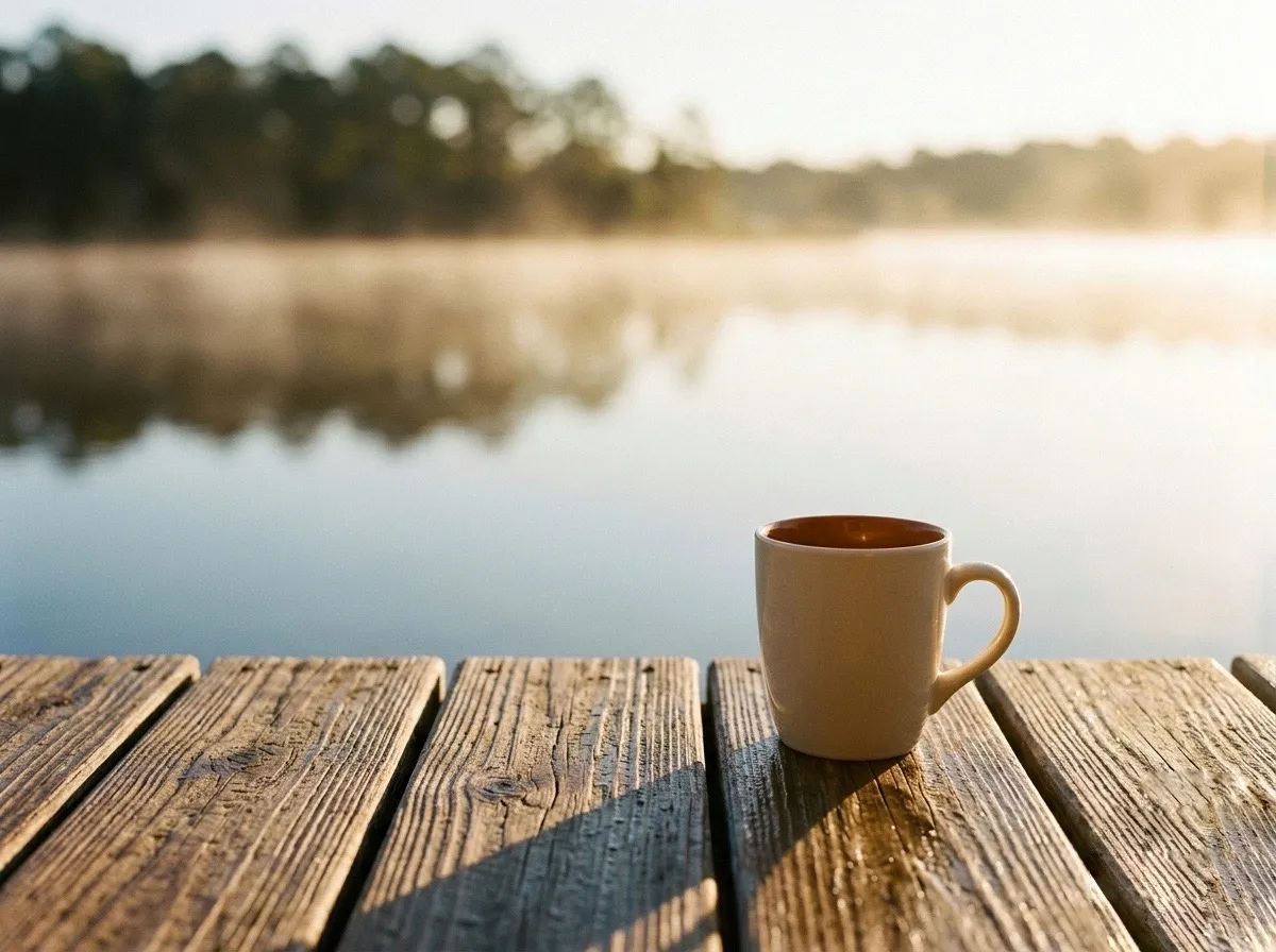 Coffee cup on a dock at still water, morning mist