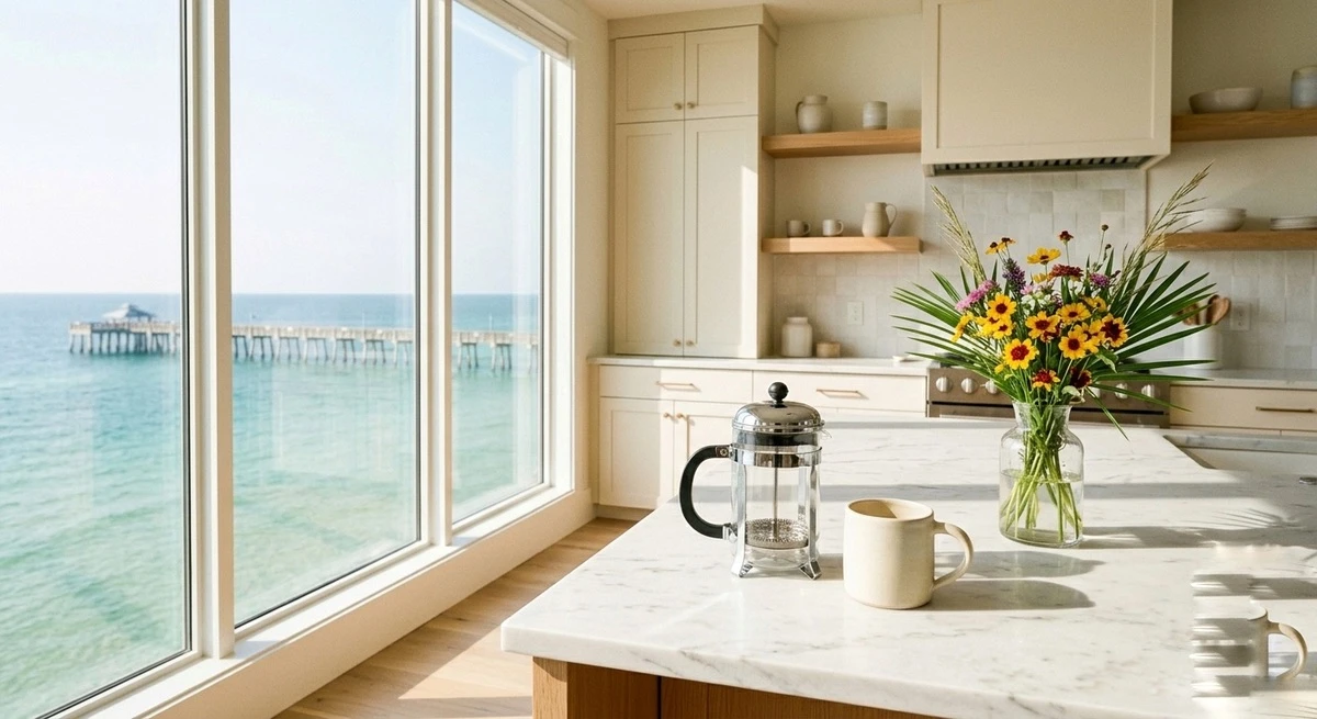 Beautiful coastal kitchen with coffee